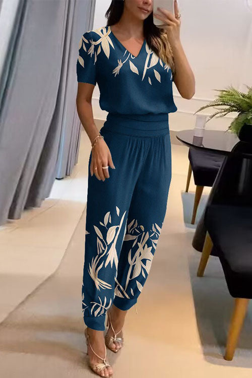 Two Piece Casual V-Neck Printed Short Sleeve Top and Long Pants Set