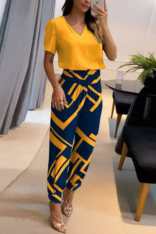 Two Piece Casual V-Neck Printed Short Sleeve Top and Long Pants Set