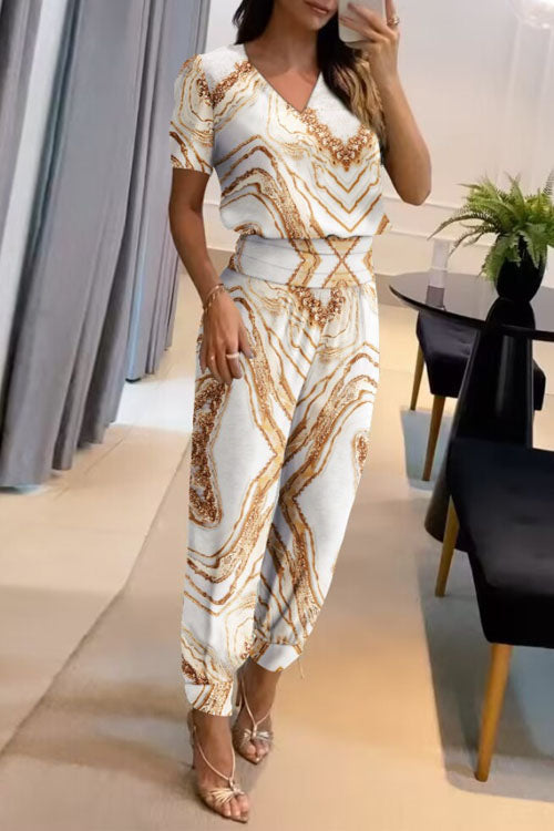 Two Piece Casual V-Neck Printed Short Sleeve Top and Long Pants Set