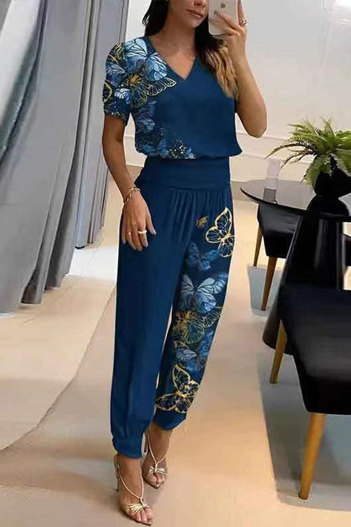Two Piece Casual V-Neck Printed Short Sleeve Top and Long Pants Set