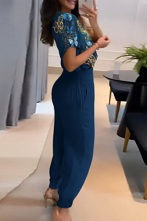 Two Piece Casual V-Neck Printed Short Sleeve Top and Long Pants Set