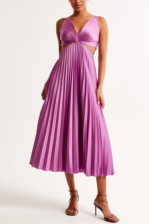 V-Neck Cut-Out Waist Sleeveless Pleated Maxi Dress