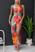 V-Neck Sleeveless Tie-Back Slit Floral Print Maxi Dress