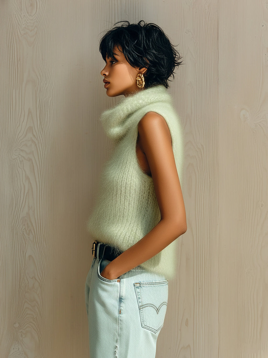 Chic Vintage Light Green Cowl Collar Sleeveless Fuzzy Ribbed Knit Tank Top