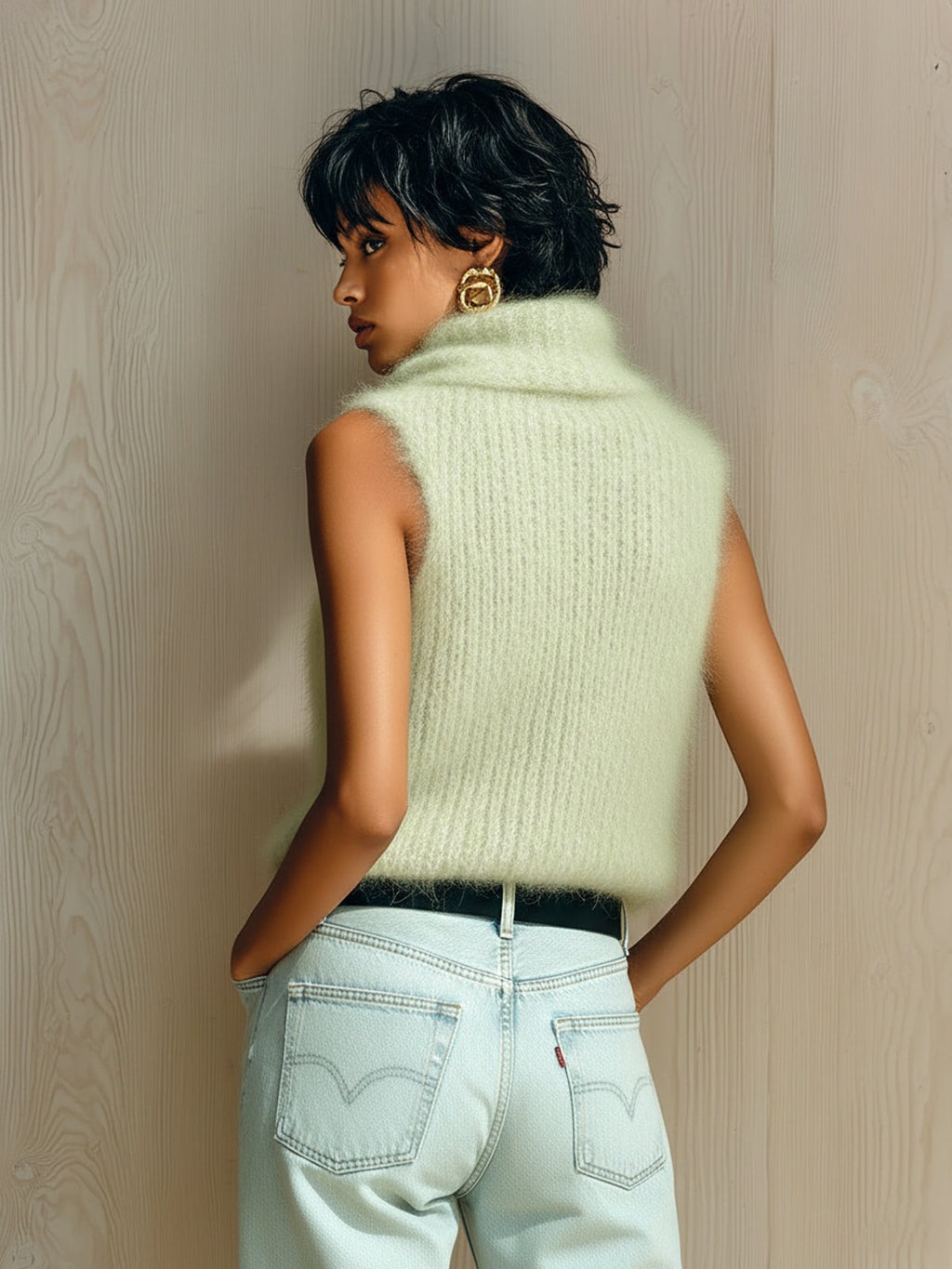 Chic Vintage Light Green Cowl Collar Sleeveless Fuzzy Ribbed Knit Tank Top