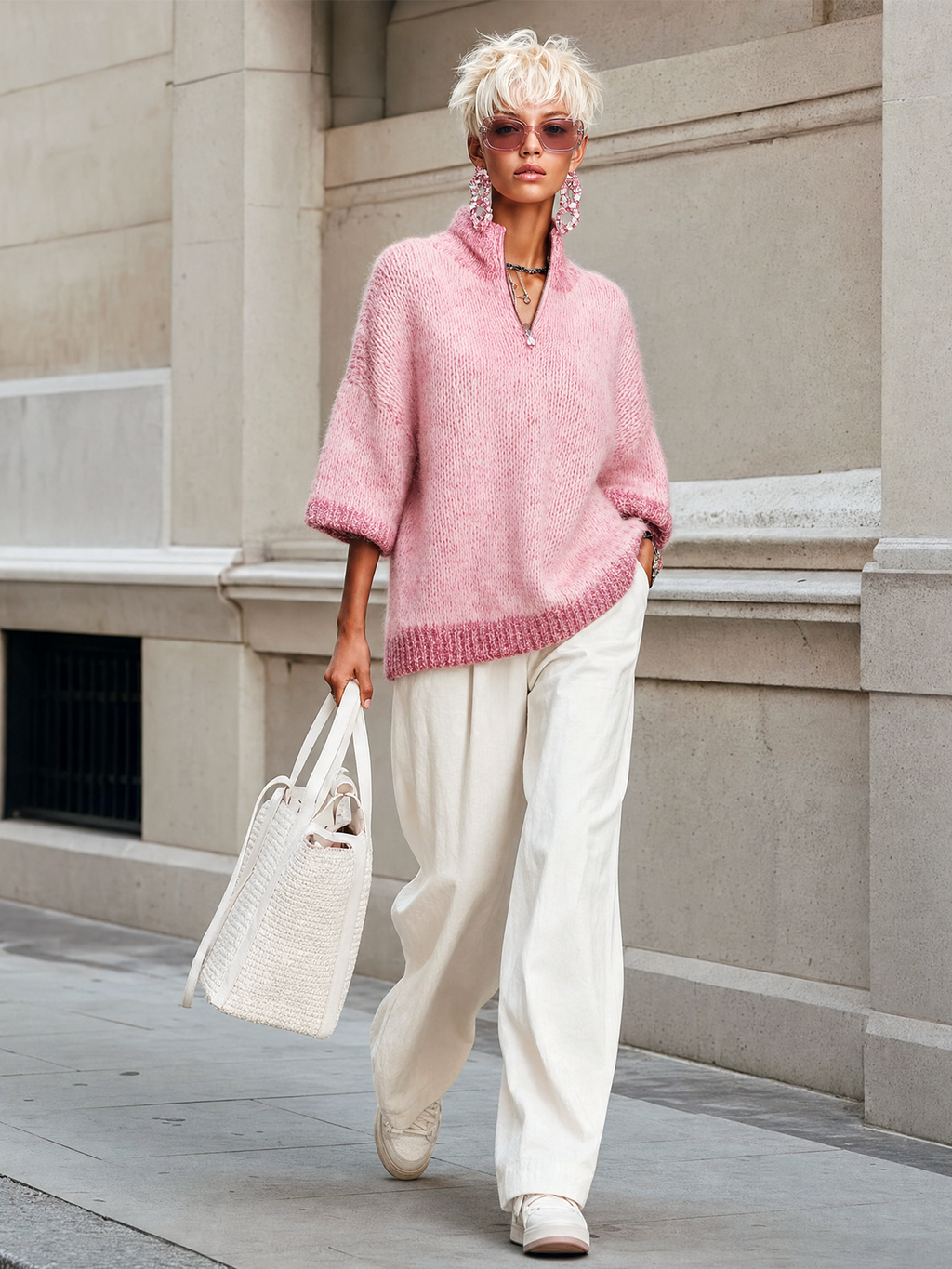 Stylish Casual Pink Stand-collar Zippered Short-sleeved Loose Knit Sweater Top