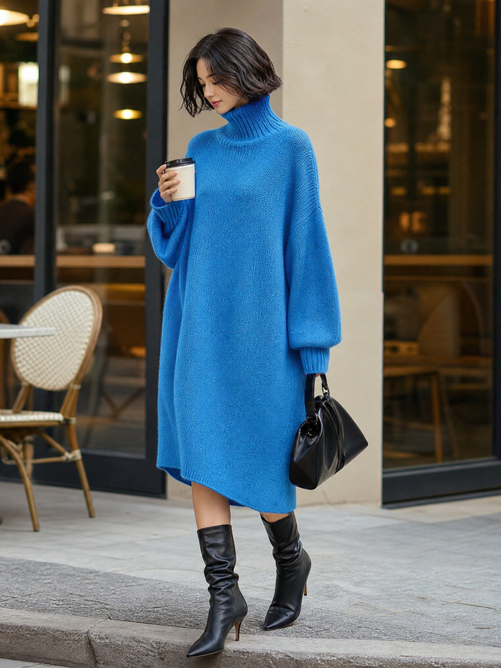 Chic Casual Blue Turtle Neck Oversized Long Sleeve Knit Midi Dress