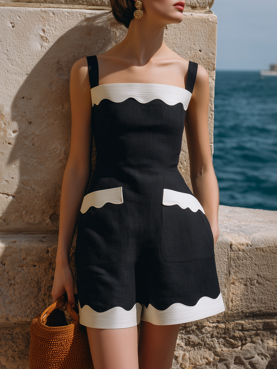 Black Elegant Vacation Shorts Jumpsuit with Contrasting White Wave Accents