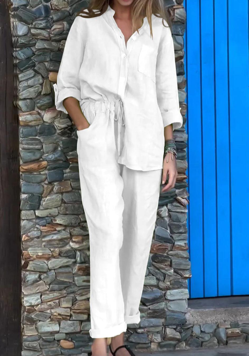 Casual Solid-Color V-Neck Cotton and Linen Two-Piece Set