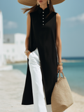 Simple and Sophisticated Black Sleeveless Mandarin Collar Midi Top with Slit