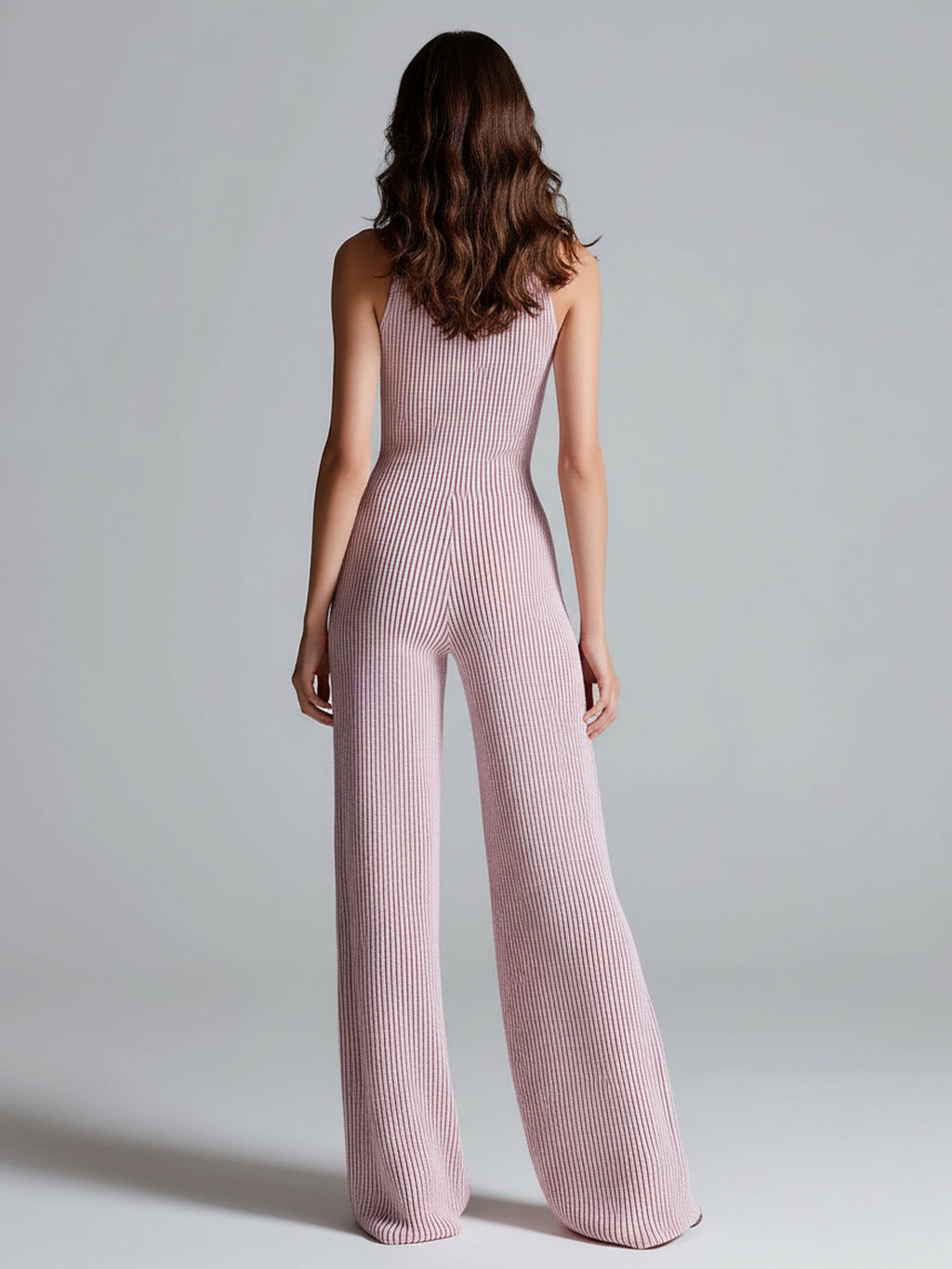 Chic Elegant Pink Stand Collar Sleeveless Zipper-Front Tailored Waist Wide Leg Ribbed Knit Jumpsuit