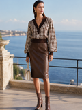 Brown‑White Houndstooth Half‑Zip V‑Neck Lantern‑Sleeve Sweater