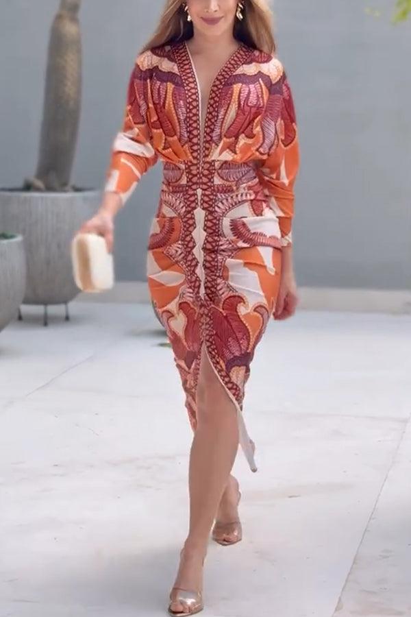 Midi Dress with Unique Print Long Dolman Sleeves and Slit