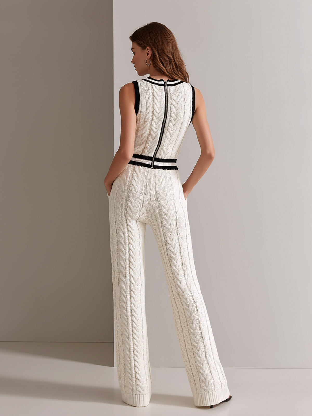 Chic Elegant Cream White V-Neck Sleeveless Contrast Trim Detail Elastic-Waist Loose-Fit Cable Knit Jumpsuit