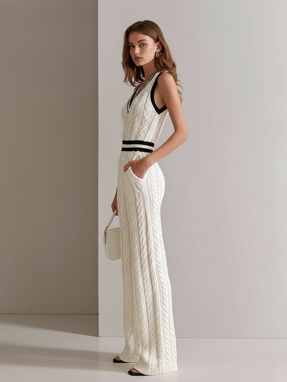 Chic Elegant Cream White V-Neck Sleeveless Contrast Trim Detail Elastic-Waist Loose-Fit Cable Knit Jumpsuit