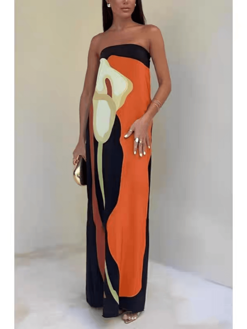Strapless Color-Block Printed Maxi Party Dress