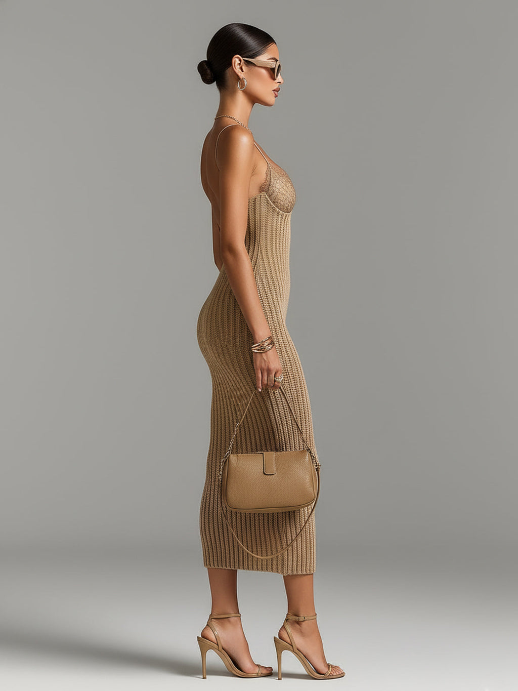 Chic Elegant Camel V-Neck Spaghetti Straps Sleeveless Lace Patch Slim-Fit Detail Ribbed Knit Bodycon Midi Dress