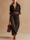 Retro Dark Brown Suede Patchwork Plaid Collared Dress (Belt Included)
