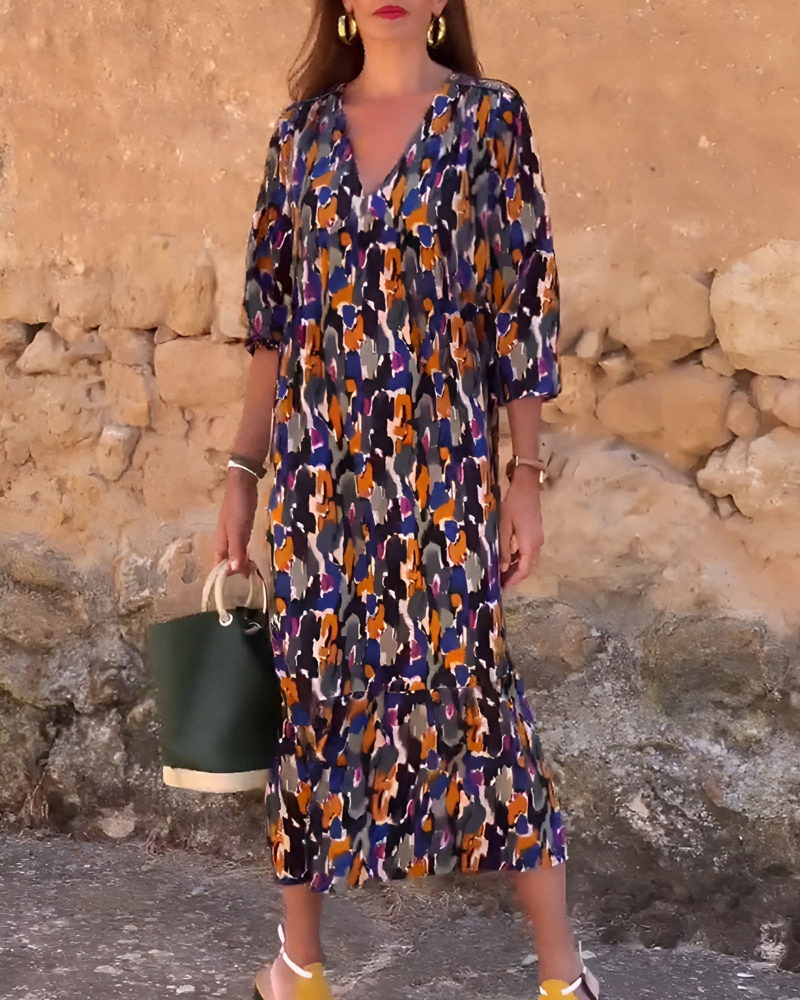 NATHALIE | RETRO PRINTED DRESS WITH V - NECK - Rossis Family Boutique Miami