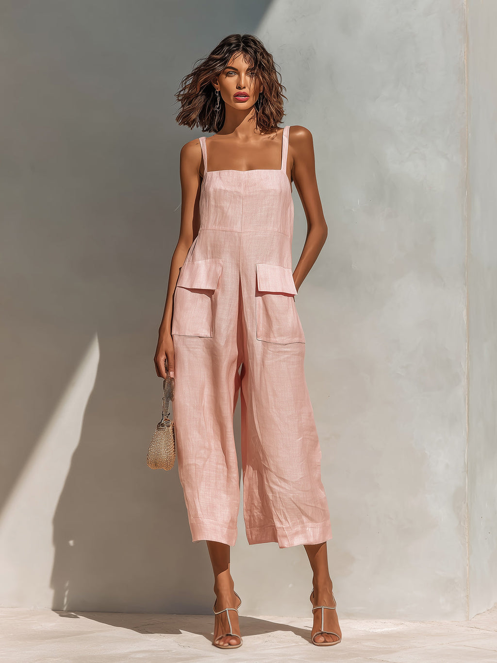 Chic Elegant Pink Cotton Linen Blend Thin Straps Sleeveless  Patch Pockets Loose-Fit Wide-Leg Cropped Jumpsuit