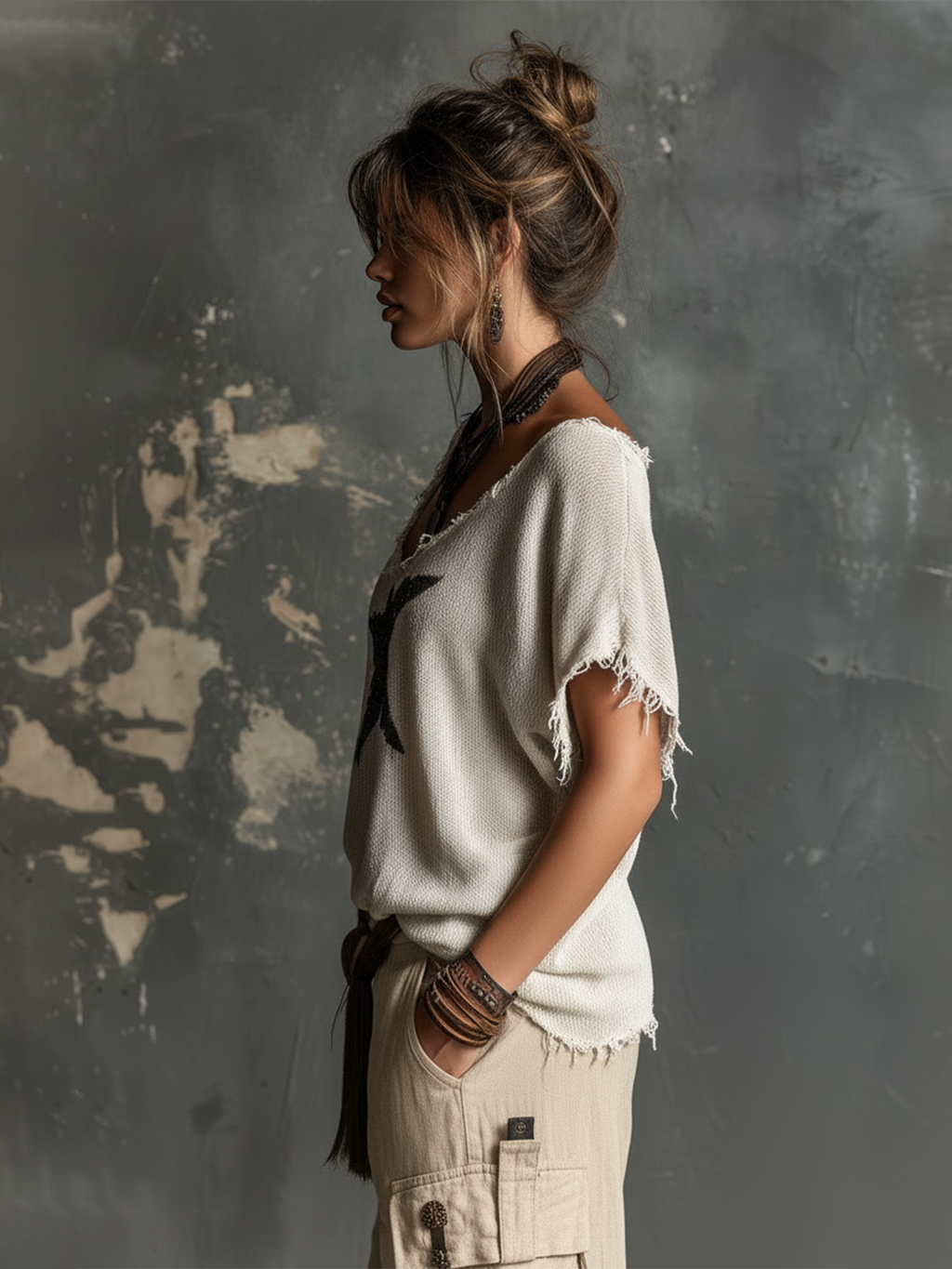 Chic Casual White V-Neck Star Print  Raw Edge Dolman Sleeves Loose-Fit Knit SweaterTop