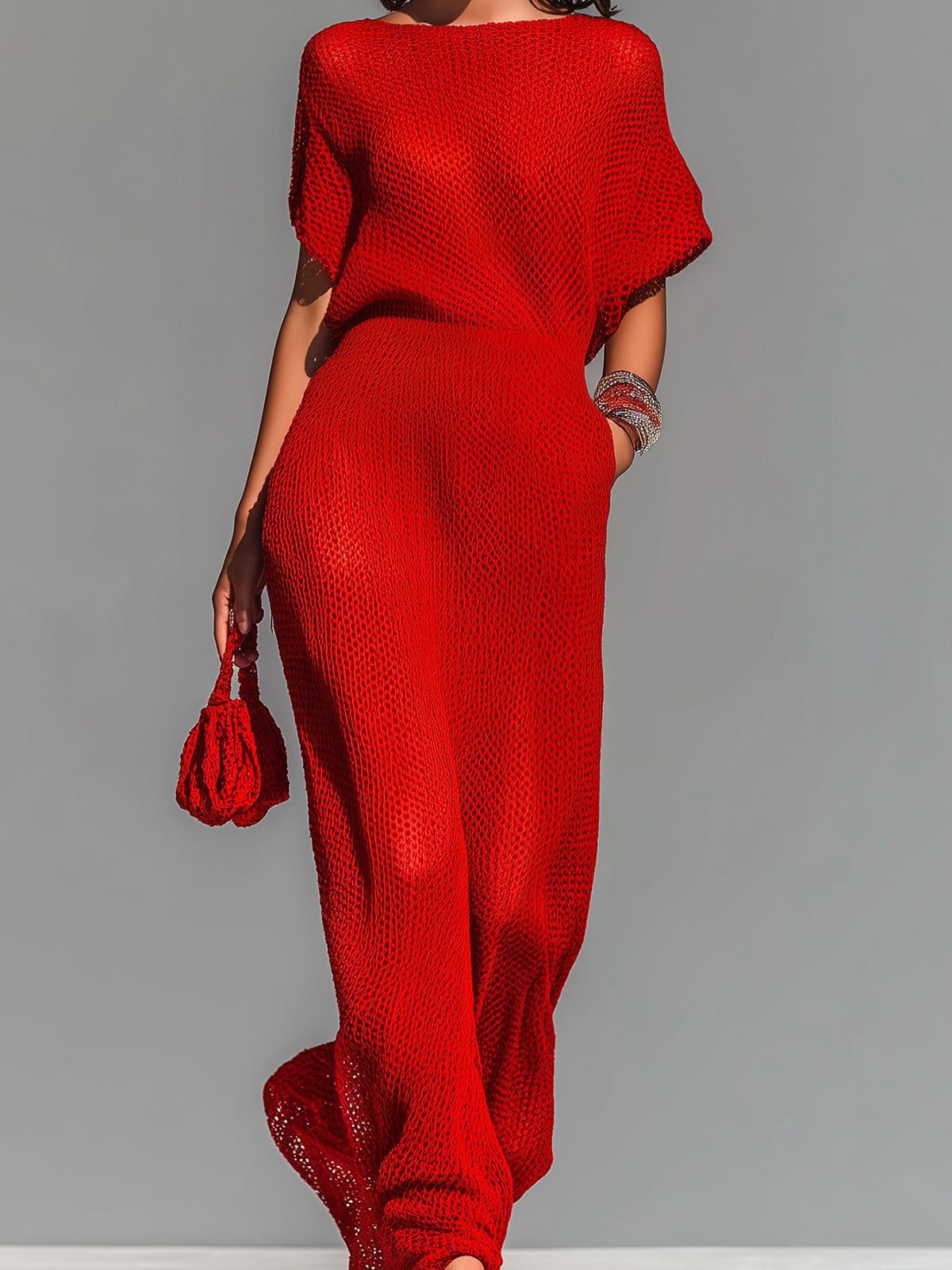 Chic Elegant Red Boat Neck Short-Sleeve Loose-Fit Breathable Knit Maxi Dress (Including A Slip Dress)