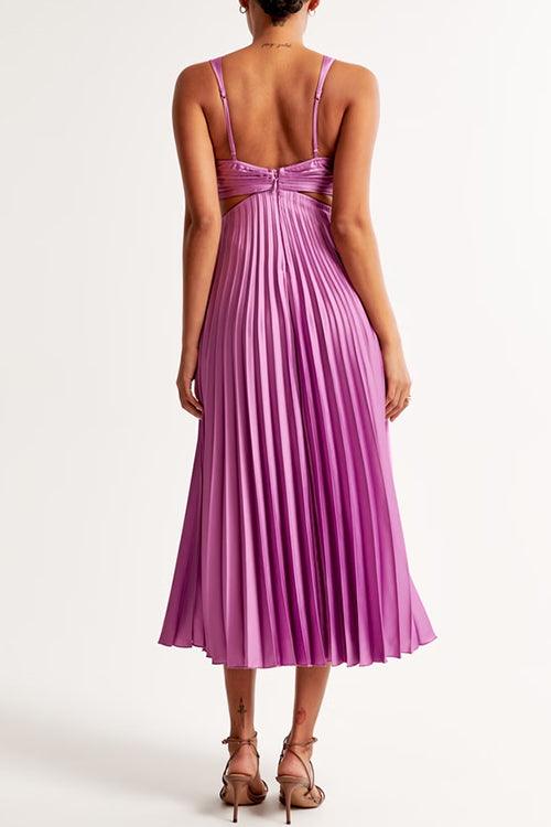 V-Neck Cut-Out Waist Sleeveless Pleated Maxi Dress