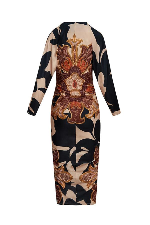 Midi Dress with Unique Print Long Dolman Sleeves and Slit