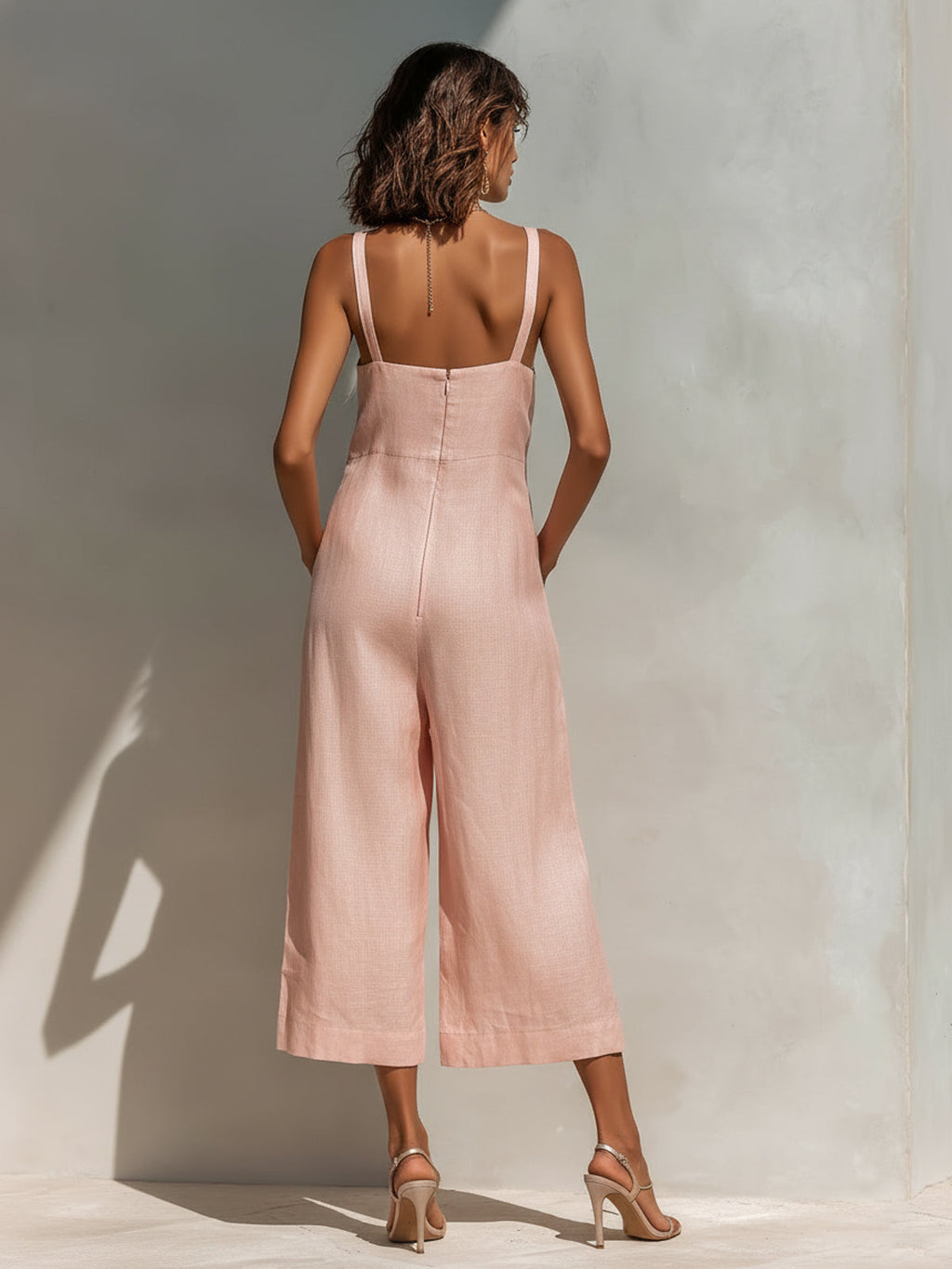 Chic Elegant Pink Cotton Linen Blend Thin Straps Sleeveless  Patch Pockets Loose-Fit Wide-Leg Cropped Jumpsuit