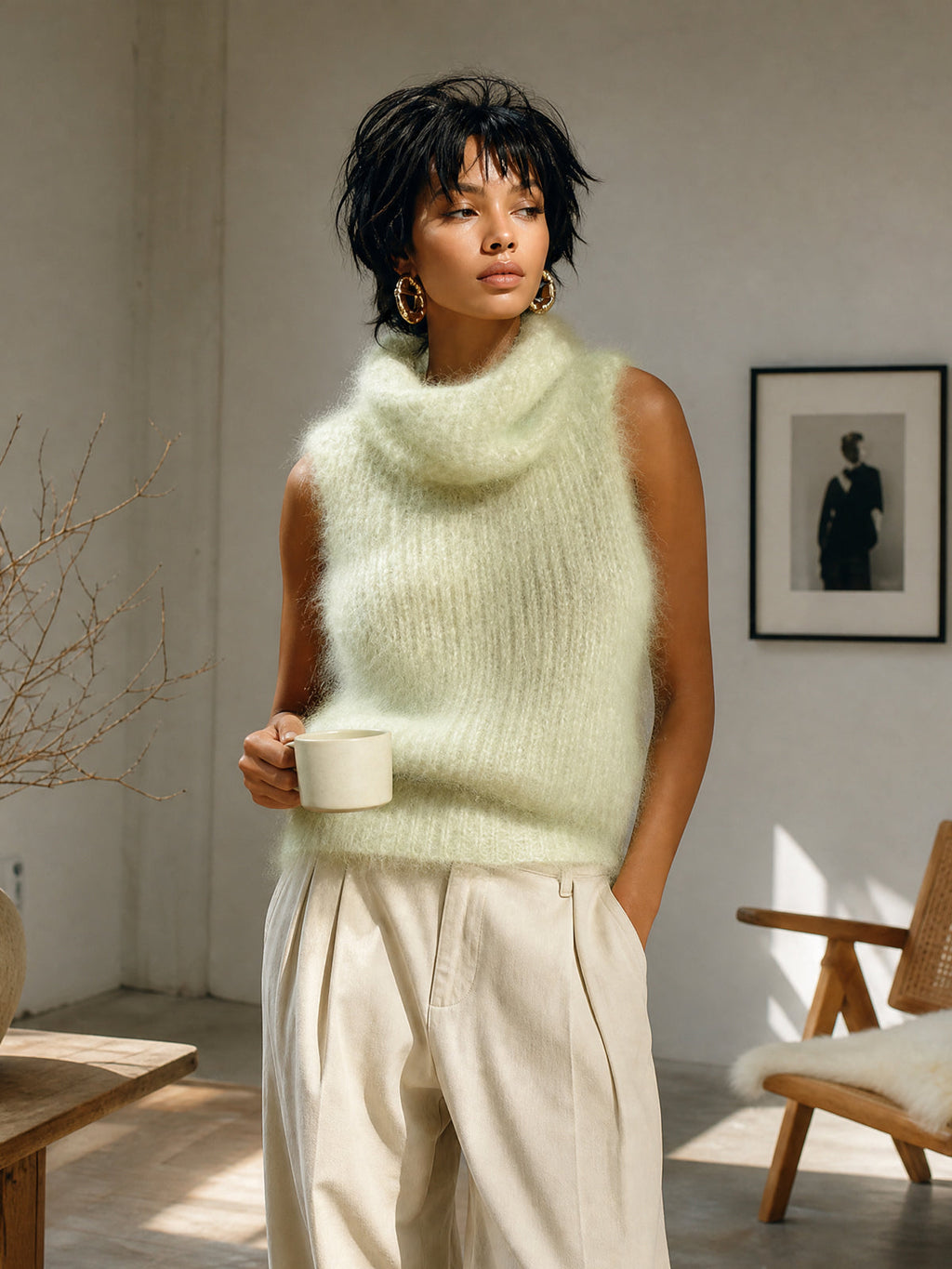 Chic Vintage Light Green Cowl Collar Sleeveless Fuzzy Ribbed Knit Tank Top
