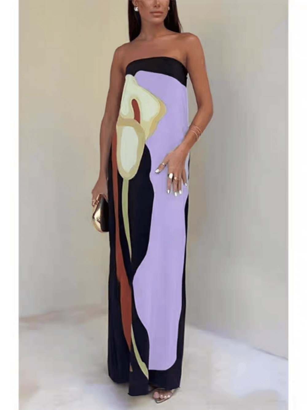 Strapless Color-Block Printed Maxi Party Dress