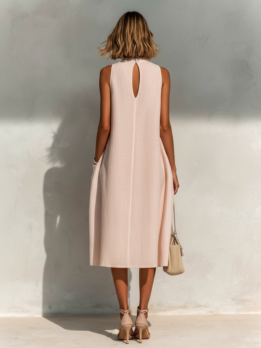 Chic Elegant Light Pink Linen Round-Neck Sleeveless Pleats Detail Patch Pockets Loose-Fit A-Line Midi Dress