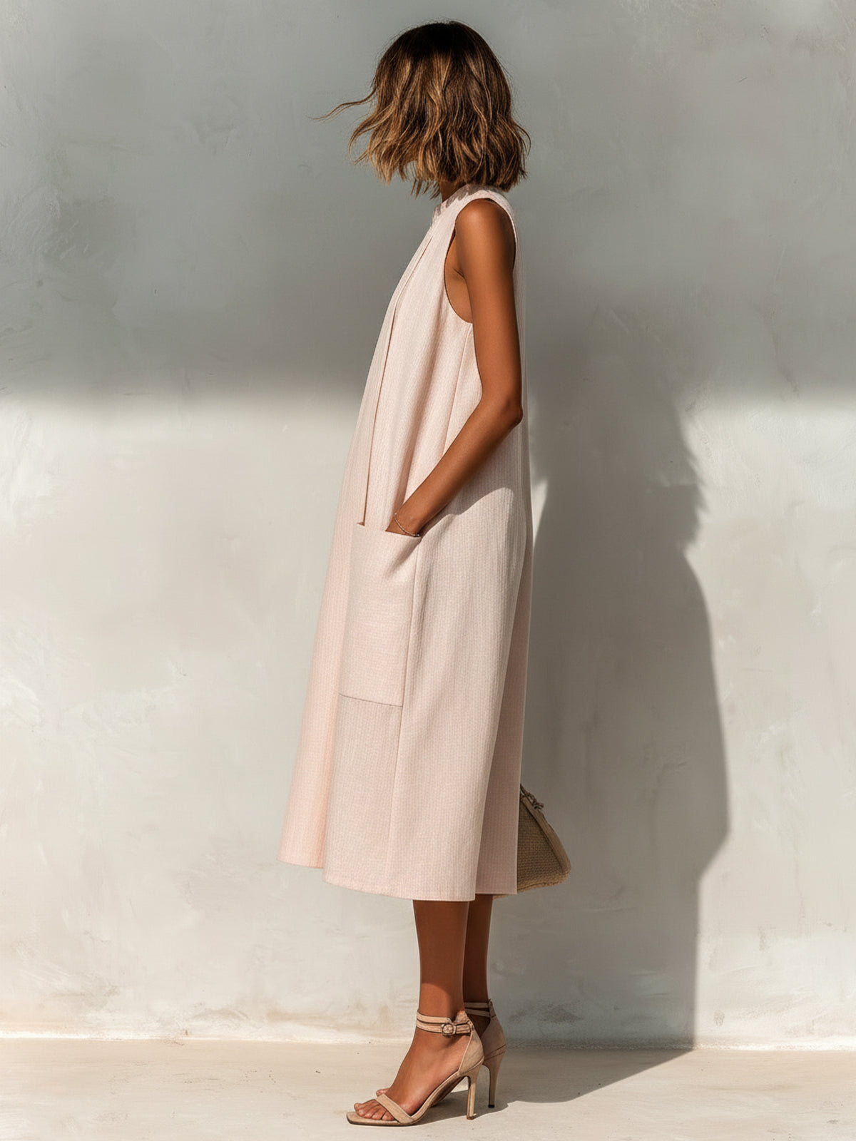 Chic Elegant Light Pink Linen Round-Neck Sleeveless Pleats Detail Patch Pockets Loose-Fit A-Line Midi Dress