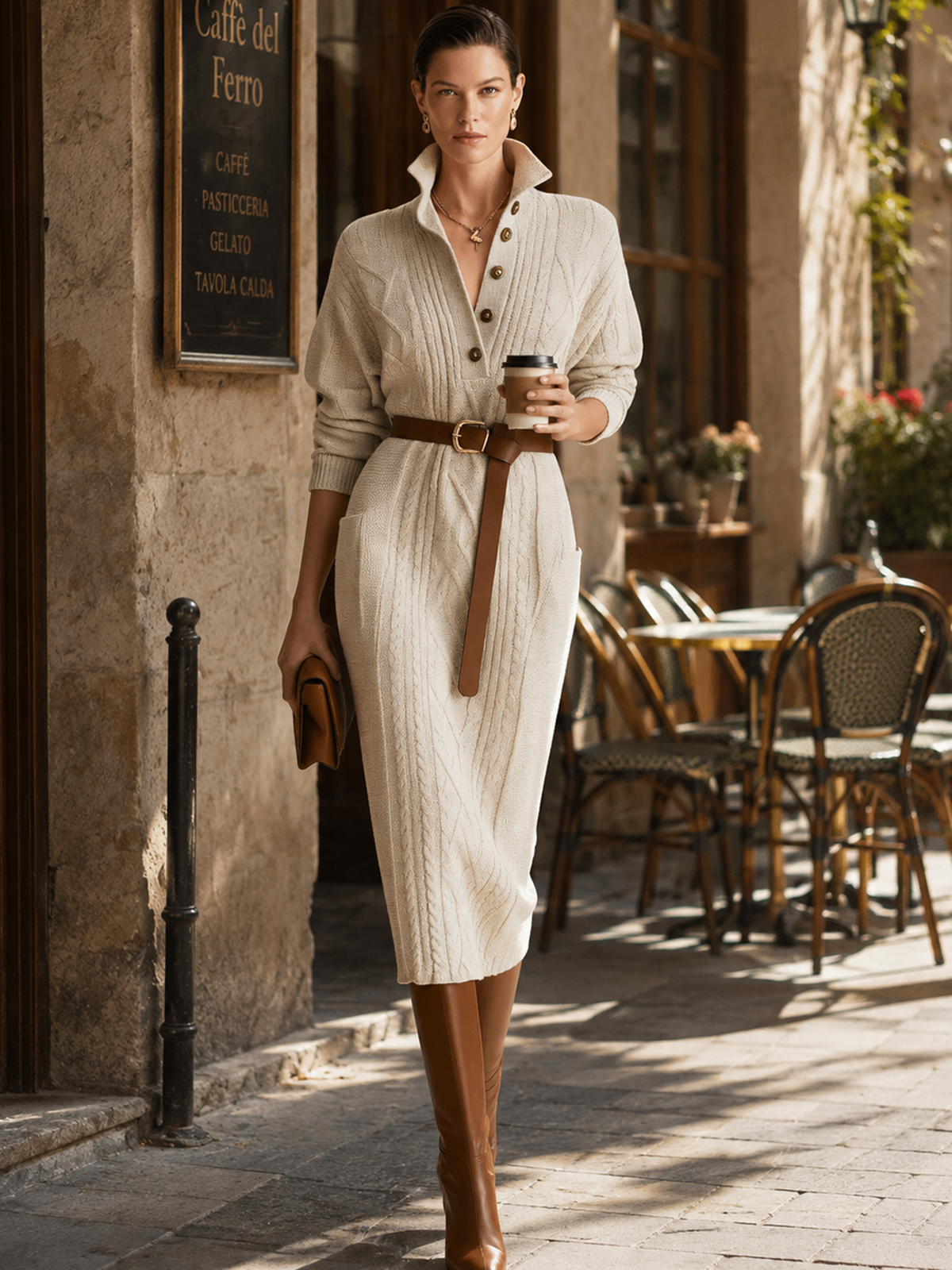 Oatmeal Half‑Placket Belted Cable‑Knit Midi Dress
