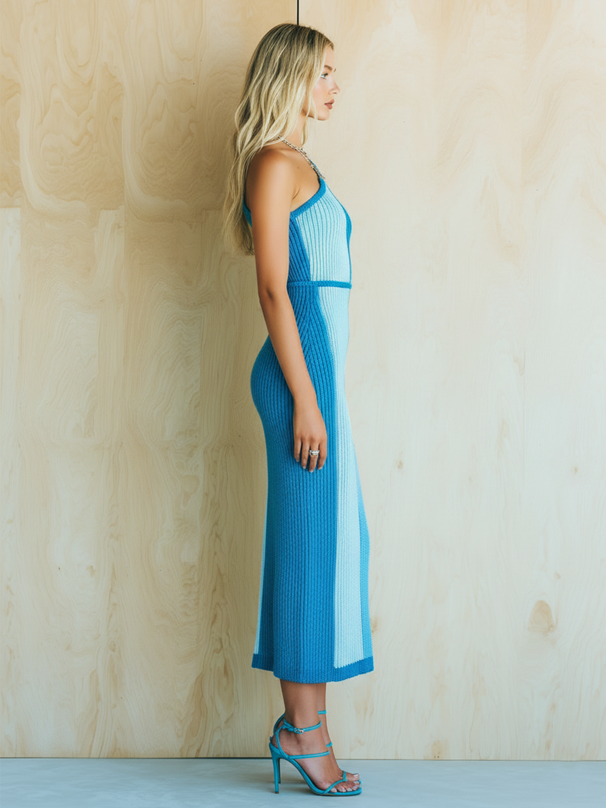 Chic Elegant Blue Colorblock One-Shoulder Sleeveless Slim-Fit Side Slit Ribbed Knit Midi Dress