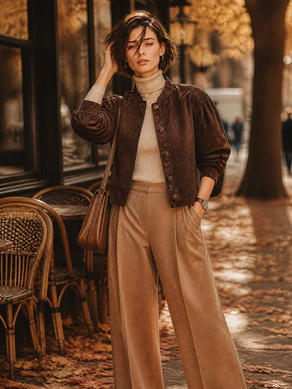 Women's Stand Collar Puff Sleeve Brown Jacket MDZ0517H0YZJ