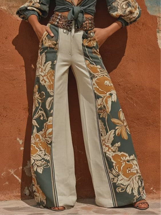 Elegant Color-Block Printed Tie-Front Top and Pants Set