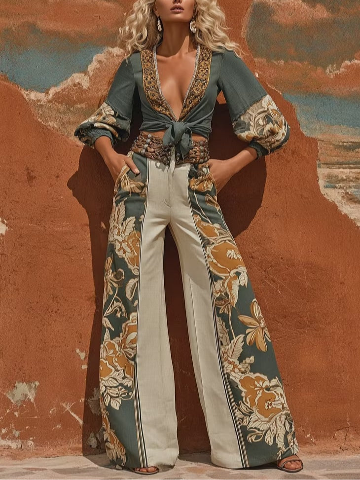 Elegant Color-Block Printed Tie-Front Top and Pants Set