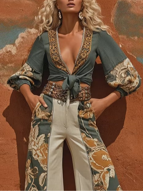 Elegant Color-Block Printed Tie-Front Top and Pants Set