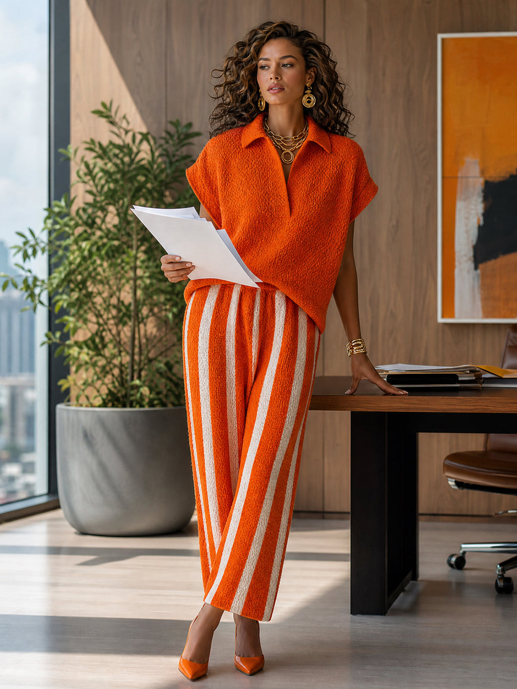 Chic Elegant Orange-White Colorblock Lapel V-Neck Short-Sleeve Loose-Fit Sweater Elastic-Waist Pants Knit Two-Piece Set
