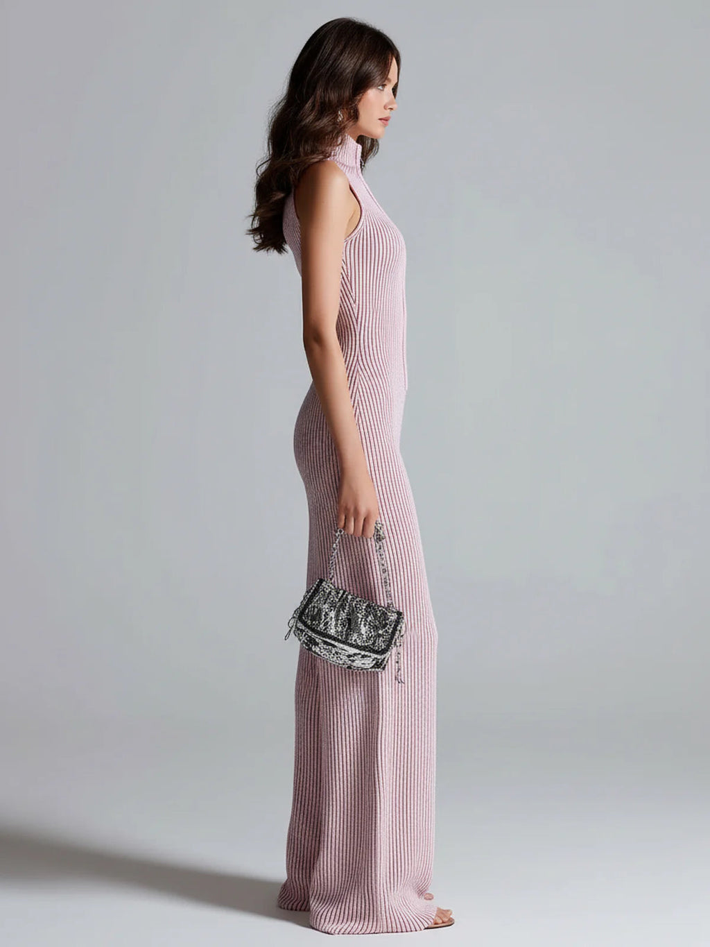 Chic Elegant Pink Stand Collar Sleeveless Zipper-Front Tailored Waist Wide Leg Ribbed Knit Jumpsuit