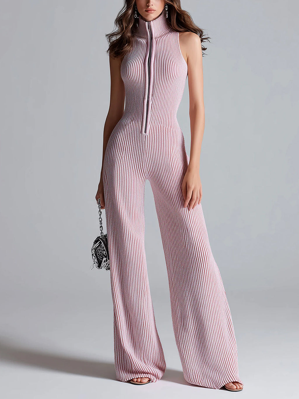 Chic Elegant Pink Stand Collar Sleeveless Zipper-Front Tailored Waist Wide Leg Ribbed Knit Jumpsuit