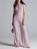 Chic Elegant Pink Stand Collar Sleeveless Zipper-Front Tailored Waist Wide Leg Ribbed Knit Jumpsuit