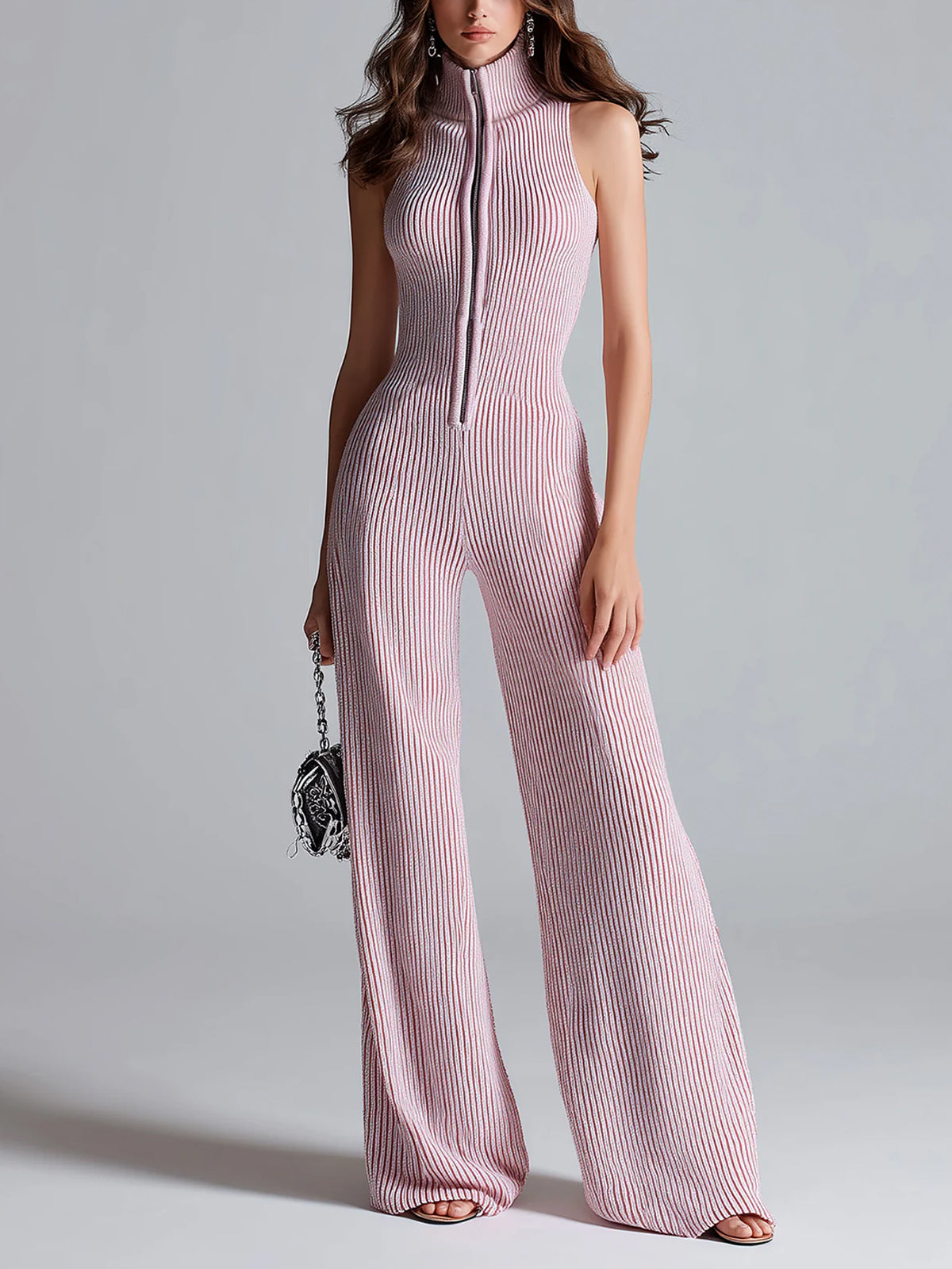 Chic Elegant Pink Stand Collar Sleeveless Zipper-Front Tailored Waist Wide Leg Ribbed Knit Jumpsuit