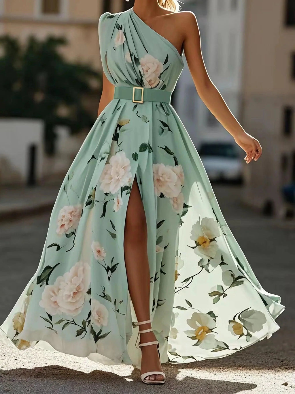 Light Green Floral One Shoulder Ruffled Chiffon A-Line Maxi Dress