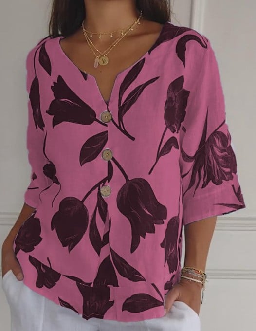 Printed Cotton and Linen V-Neck Pullover Shirt