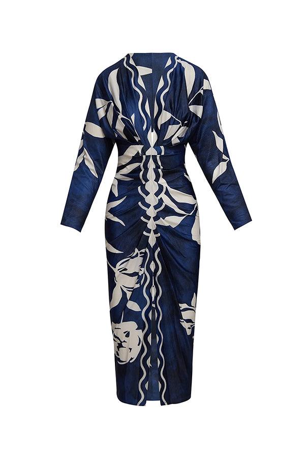 Midi Dress with Unique Print Long Dolman Sleeves and Slit