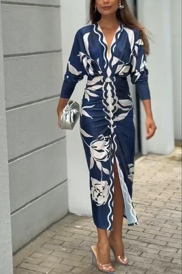 Midi Dress with Unique Print Long Dolman Sleeves and Slit