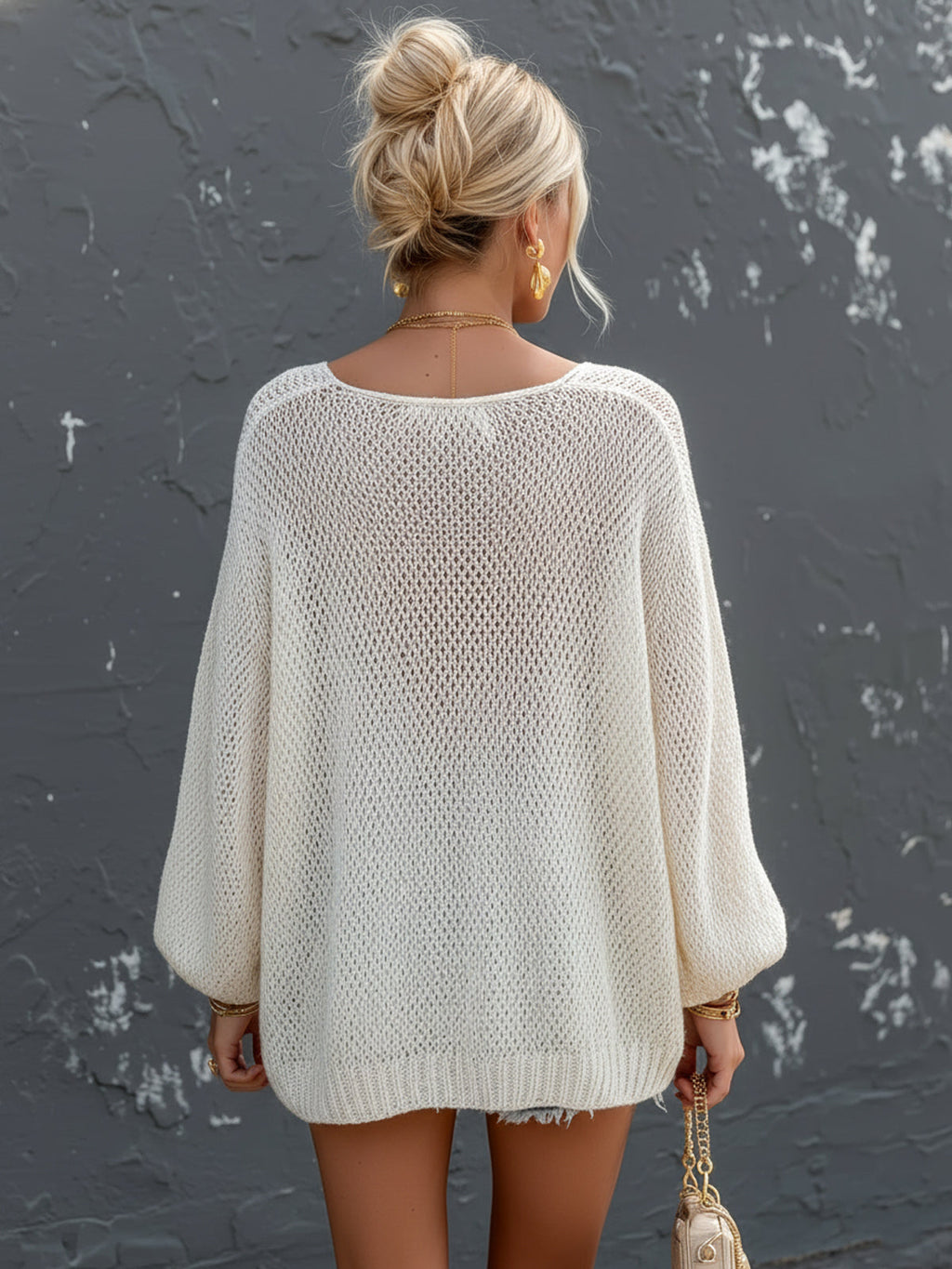 Chic Elegant Cream White Round-Neck Long Lantern Sleeve Loose-Fit Mesh Knit Sweater Top