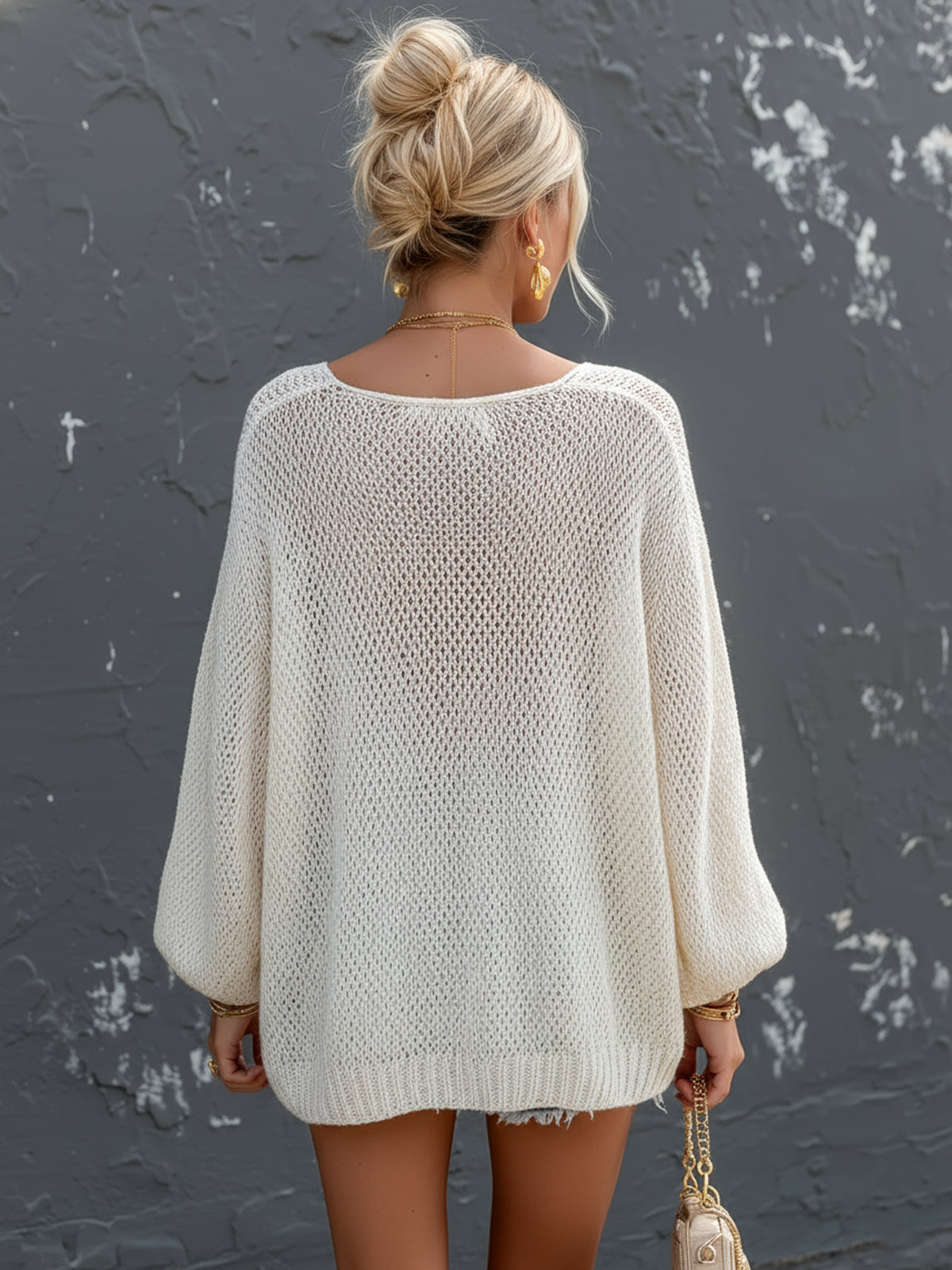 Chic Elegant Cream White Round-Neck Long Lantern Sleeve Loose-Fit Mesh Knit Sweater Top